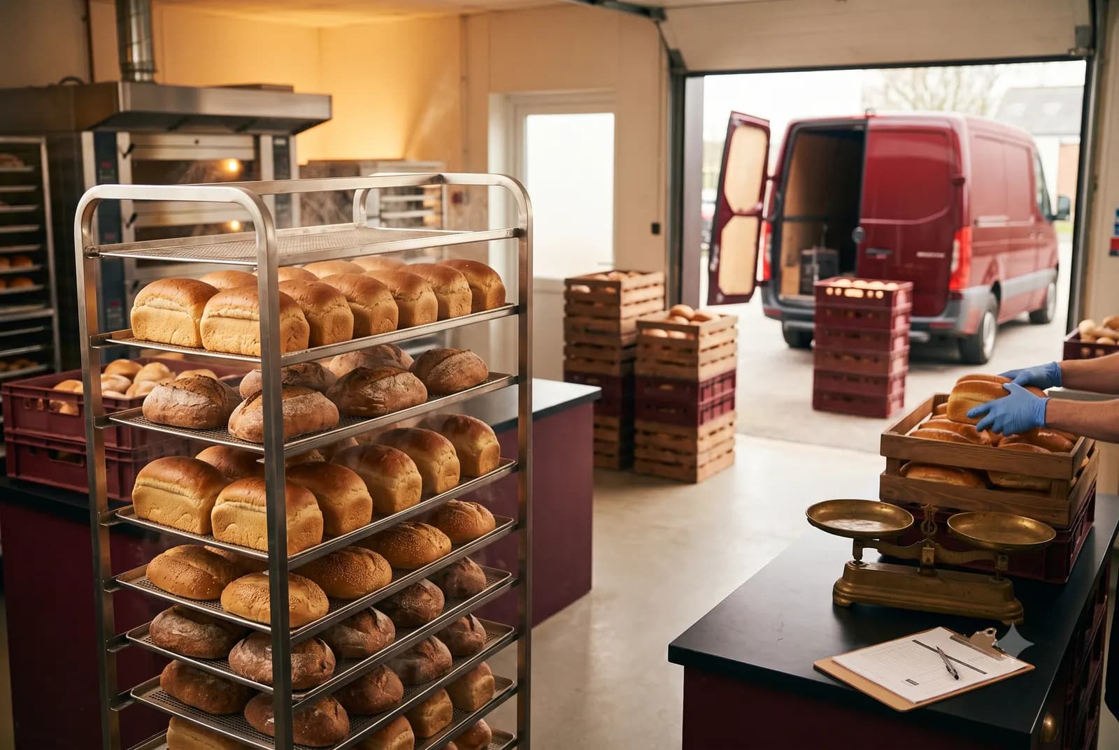 Fresh bread loaves on a bakery cooling rack in the foreground with crates being loaded into a delivery van in the background, showing the direct line from production to supply