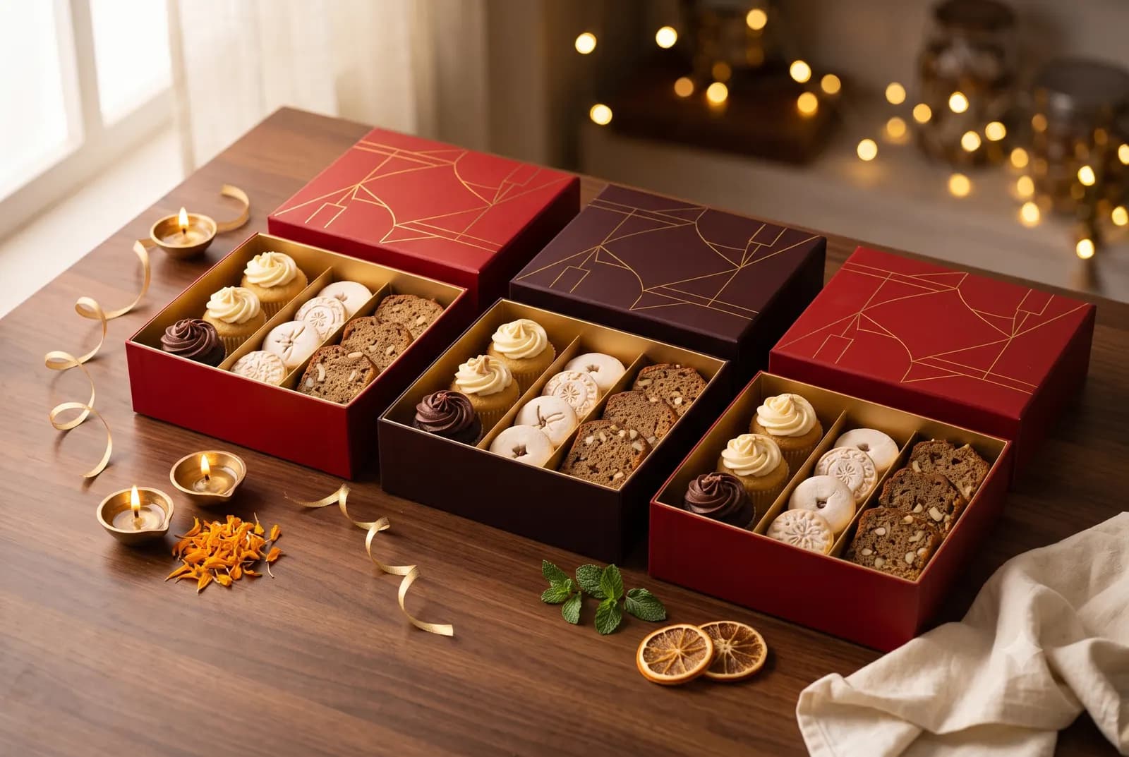 Three premium red and maroon corporate Diwali gift boxes filled with cupcakes, cookies and cake slices, styled with diyas and marigold petals