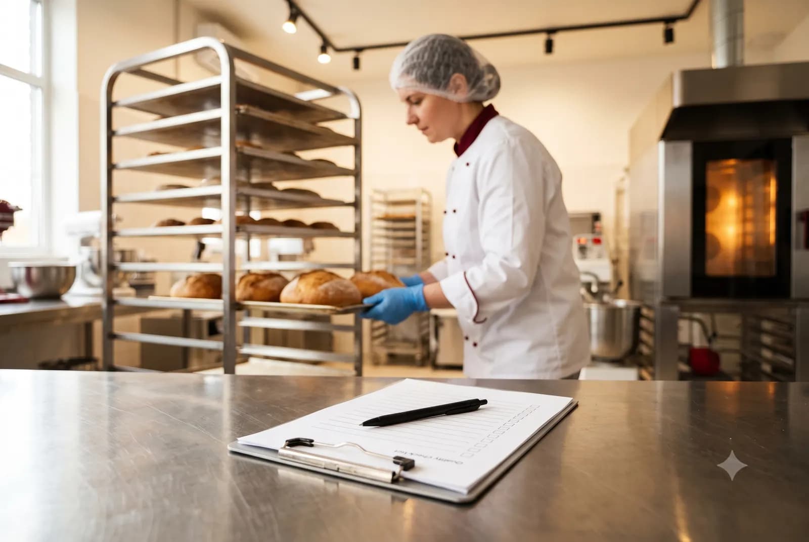 Baker in hairnet and gloves inspecting fresh bread loaves in a commercial bakery, with a blank quality-check clipboard in the foreground