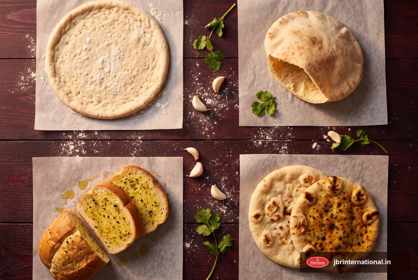 Flat lay of fresh pizza base, pita bread and garlic bread arranged on parchment paper with garlic and coriander