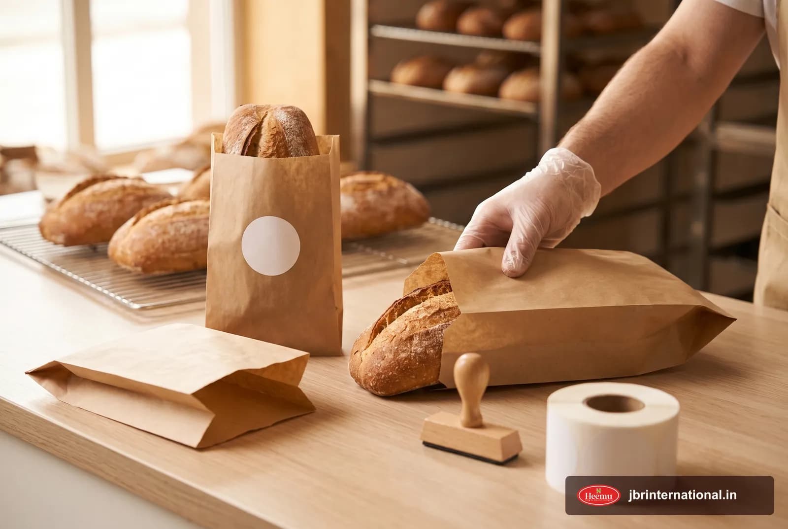 Baker packaging fresh bread loaves into kraft paper bags with a blank label ready for custom branding