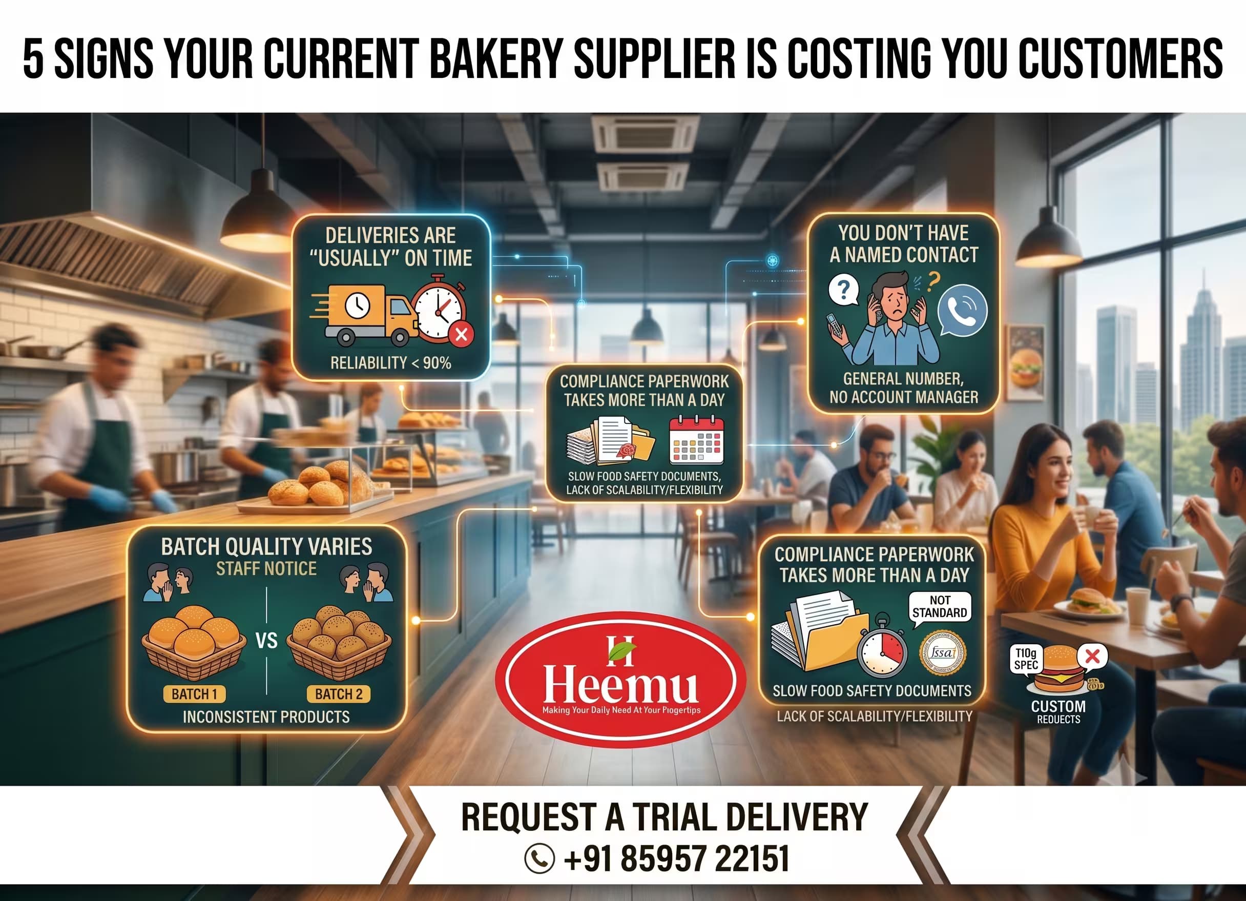 JBR Bakery infographic showing 5 signs a bakery supplier is costing you customers: unreliable deliveries, inconsistent batch quality, no named contact, slow compliance paperwork and inflexible custom requests
