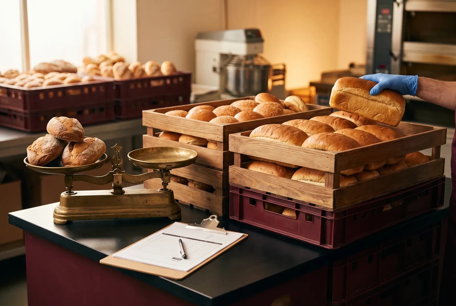 Wooden crates of fresh bread loaves and buns on a brass weighing scale beside a blank invoice clipboard, representing wholesale bread pricing